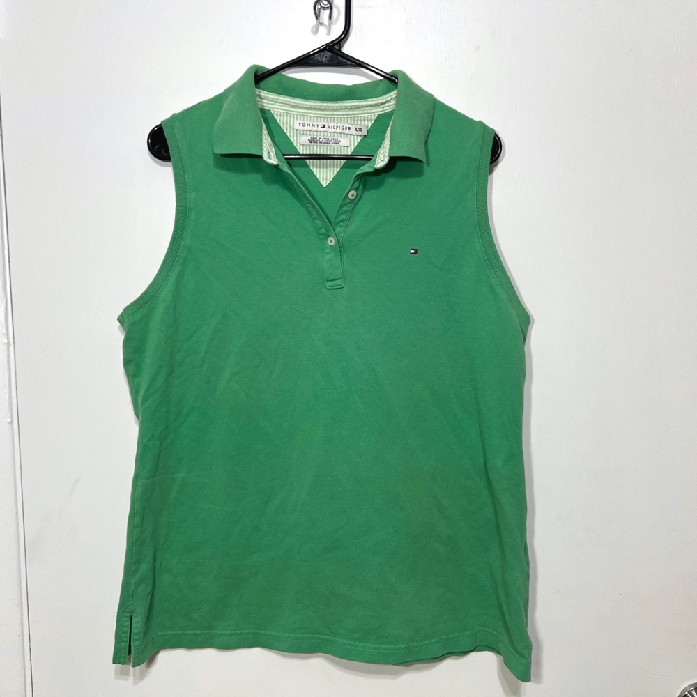 Tommy Hilfiger Sleeveless Polo Women XL Green Cotton Blend Stretch Pique Top